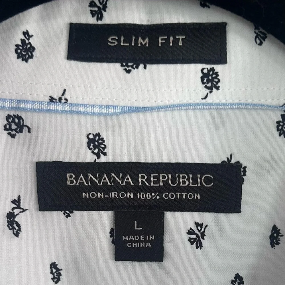 Banana Republic Men Slim Fit White Black Floral Non-Iron Cotton Dress Shirt Sz L